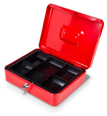 Produktbild von Geldkassette aus Stahlblech, rot, 250x180x90mm, mit herausnehmbarem Münzfach und Tragegriff