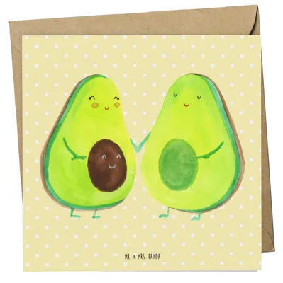 Produktbild von Mr. & Mrs. Panda Glückwunschkarte Avocado Pärchen - Gelb Pastell - Geschenk, anlasskarte, doppelkarte, Liebe, Grußkarte, Hochzeit, Klappkarte, Kinder, Geburt, Familie