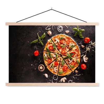 Produktbild von MuchoWow® Textilposter Pizza - Gemüse - Kräuter - Küche - Industrie 120x80 cm mit holzfarbenen Rahmen - Aufhängeset