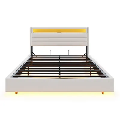 Produktbild von Flieks Polsterbett 140x200cm mit LED & USB, Doppelbett Stauraumbett mit Aufklappbarem Kopfteil, Hydraulisches Bett Boxspringbett, Leinen, Beige