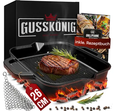 Produktbild von GUSSKÖNIG Gusseisenpfanne 26cm: Eingebrannte, robuste Grillpfanne für Gasgrill, inkl. Ringreiniger & Rezeptbuch. Ideal für vielseitiges Kochen.
