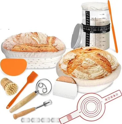 Produktbild von Famanu Starterset für Sauerteigbrot – Inklusive Starterglas, Gärkorb und Backzubehör – Für Anfänger und Hobbybäcker