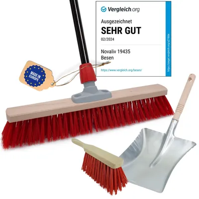 Produktbild von Novaliv Straßenbesen mit Stiel 60 cm Elaston Borsten inkl. Kehrgarnitur schwarz bestehend aus Kehrblech und Handfeger Ideal als Gartenbesen Terassenbesen Hofbesen Stallbesen Kehrbesen Outdoor broom