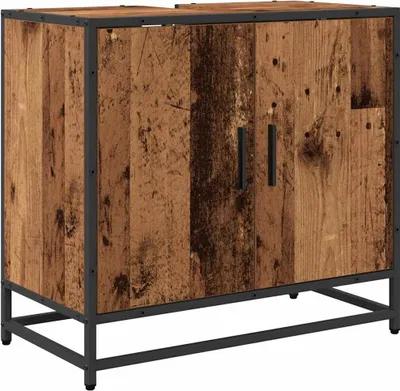 A product shot of a wooden cabinet with a metal frame.