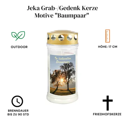 Produktbild von Motiv Grabkerze mit Deckel - Baumpaar 12 Stück - Gedenkkerze - Grablaterne mit Motiv - Motiv Grableuchte - Grablicht mit langer Brenndauer (Größe:75 x 170 mm, Brenndauer: 70-90 Stunden)