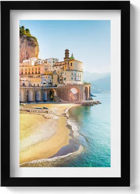 Produktbild von Meeresfront mit Strand und Meer Italien– Wandbild mit Rahmen – Gerahmtes Bild  – Wanddekoration – 20x30 cm – Schwarz