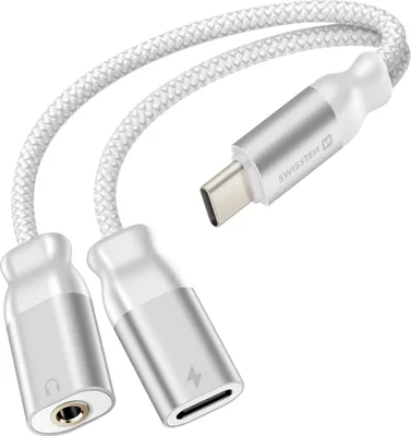 Immagine prodotto di Swissten, adattatore di ricarica USB-C 2in1 audio/3,5 mm in nylon, bianco