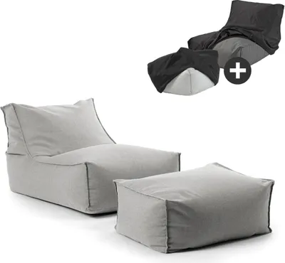 Produktbild von mokebo® Outdoor Sitzsack und Pouf für Kinder & Erwachsene 'Der Sundowner', Bean Bag mit Füllung oder Bodenkissen für Indoor & Outdoor, auch als Liegekissen, Relaxliege mit Hocker in Lichtgrau