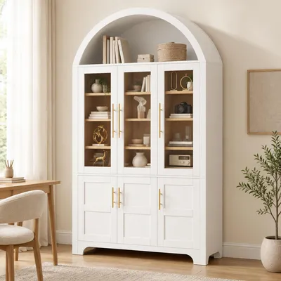 Produktbild von okwish Moderner Aufbewahrungsschrank mit Bogen-Nische,3 Glas-Vitrinefächer,Sideboard großzügigem Stauraum,verstellbare Böden,Weiß