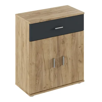 A product shot of a two-door cabinet with a drawer on top, against a white background.