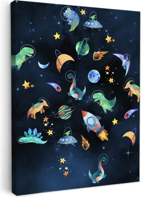 Zdjęcie produktu dla MuchoWow® - Obraz na płótnie - Kosmos - Dino - Dinozaur - Chłopcy, obraz na ścianę, dekoracja ścienna do salonu, 30x40cm