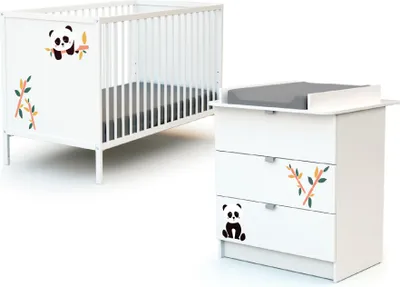 Immagine prodotto di WEBABY - Lettino bambini e cassettiera fasciatoio PANDA legno - Bianco - 60 x 120