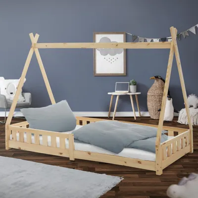 Obrázek produktu pro ML-Design dětská postel tipi 90x200 cm s ochranou proti vypadnutí a roštovým rámem, přírodní, z borovicového dřeva, domácí postel s ohrádkou, podlahová postel, dřevěná postel