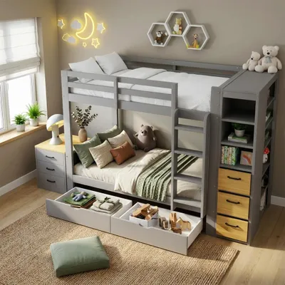 Productafbeelding van Stapelbed van 90x200 cm, gemaakt van hout, in de kleur grijs, met 2 opbergkasten, een zijwaarts geplaatst opbergrek, lades, een ladder en een nachtkastje dat vrij te plaatsen is