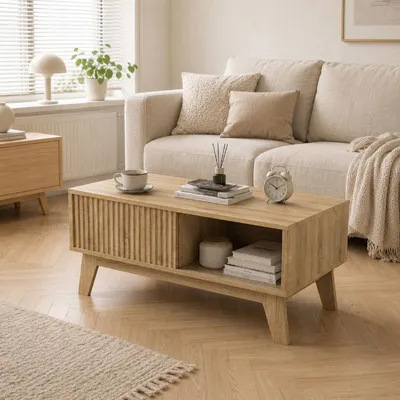 Image de Table basse ProximaX de 95 cm, imitation chêne, avec porte coulissante et espace de rangement
