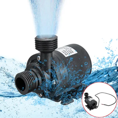A black submersible water pump is shown in operation, with water spraying upwards from its outlet and splashing around it. A smaller inset image shows the pump with its power cord.