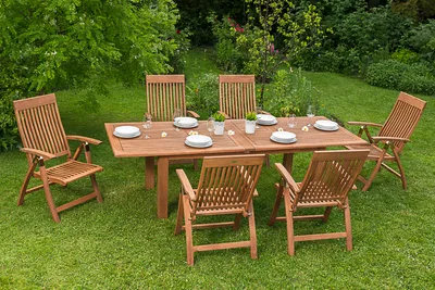 Produktbild von Merxx Gartenmöbelset Comodoro, Eukalyptus, 6 Sessel (5-fach verstellbar) und großer Doppelausziehtisch (27 mm Stärke, doppelter Flügelmechanismus)