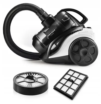 A vacuum cleaner and its accessories are displayed on a white background.