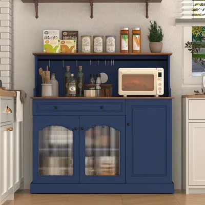 Immagine prodotto di Mobiletto a microonde su ruote – Scaffale a 3 ripiani con 3 ante in legno – Mobile da cucina in stile vintage