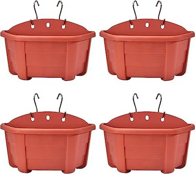 Produktbild von Orimerc 25 cm 4 packwand hängende Pflanzer Plastik Retro Style Geländerpflanzen Blumen Töpfe Körbe Balkon Zaun Garten Ziegelrot rot