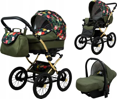 Produktbild von BabyLux® Margaret Gold | 3in1 Kinderwagen Set | Roses With Tulips | Kombikinderwagen | Kinderwag