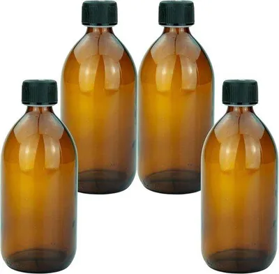 Productafbeelding van 4 Bruine Glazen Flessen 500 ml met Schroefdop - Laboratoriumflessen, Apothekersflessen, Kunststof Kinderbeveiliging, 17,68 cm Hoog, Voor
