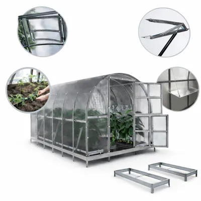 Produktbild von Gewächshaus-Set KLASIKA 12 (3×4 m) mit Fundament, 6 mm Polycarbonat, Bewässerungssystem und Hochbeeten