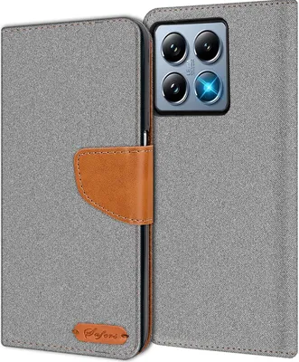 A gray flip case for a smartphone, showing the camera module of the phone inside the case.