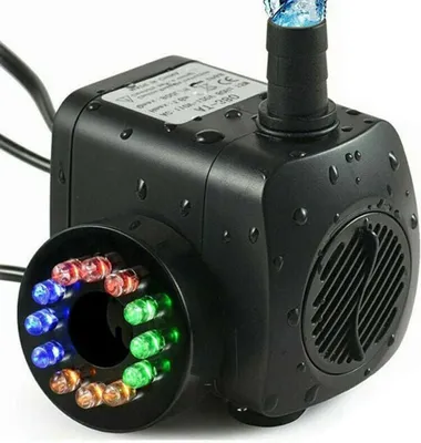 Produktbild von 15-W-Springbrunnenpumpe, 800 l/h Durchflussrate, mit 12 integrierten LEDs, ideal für Teiche und Gärten.