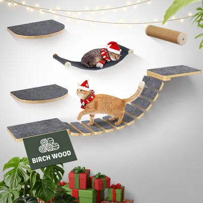 Produktbild von Modulares Katzen Kletterwand Set - aus Birkenholz | 5-in-1 Katzen Wandelemente mit Katzenbett & Laufsteg | Max. 35kg Belastbar, Einfache DIY-Montage