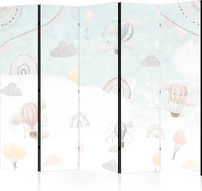 Produktbild von 5-teiliger Doppelseitiger Vlies Paravent - Balloons in the Sky - Balloons in Pastel Colors Flying Through a Cloudy Sky - Among Rainbows and Stars 225x172 cm Für Kinder e-C-10070-z-b
