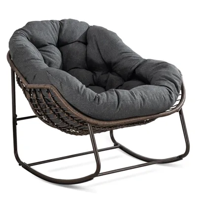Produktbild von Übergroß Schaukelstuhl mit PE-Rattan-Geflecht, 15 cm dickem Olefin-Fleece-Kissen, für Innen- und Außenbereich, Stilvolle Eierschalenform, Grau