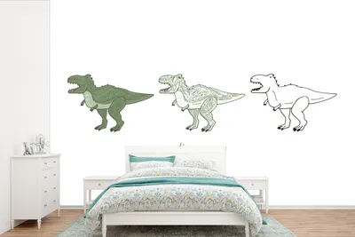 Produktbild von MuchoWow® Fototapete für Wohnzimmer oder Schlafzimmer Wandtapete Vinyl Motivtapete Dinosaurier  - Tapete Kinderzimmer - Tyrannosaurus - Jungen - Mädchen - Kinder - 450x300 cm - Kindertapete - Gemusterte