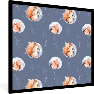 Produktbild von MuchoWow® Gerahmtes Poster Winter - Eichhörnchen - Blau 40x40 cm - Poster mit Schwarzem Bilderrahmen Wandposter Rahmen Foto Bilder - Mit Rahmen - Wanddekoration Schlafzimmer