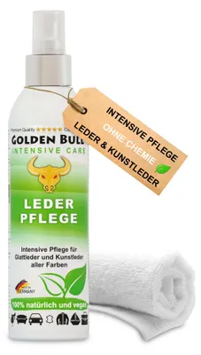 Produktbild von Golden Bull® Lederpflege Spray intensiv 250ml + Tuch - Natürliches Leder Kunstleder Pflegemittel für Pflege von Ledersitz, Autositz, Sofa