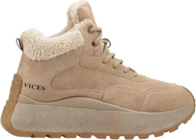 A single beige winter boot with a shearling lining, shown from the side against a white background.