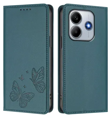 Obrázek produktu pro Kožené pouzdro pro Xiaomi Poco M7 Pro 5G/Redmi Note 14 5G, motýlí ražbou, peněženkové flip pouzdro se stojánkem Zelená