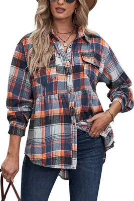 Produktbild von ASKSA Damen Karierte Bluse Langarm V-Ausschnitt Knöpfen Blusenshirt Casual Tunika Oberteile, Orange, XXL