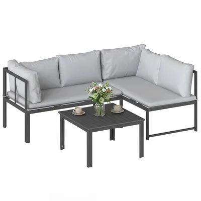 Produktbild von Gartenm?belset mit Kissen, 2 Zweisitzer-Sofas mit verstellbaren Armlehnen und Lattenrost-Couchtisch, grau
