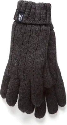 A pair of dark gray knitted gloves with a cable knit pattern and a ribbed cuff, shown against a white background.
