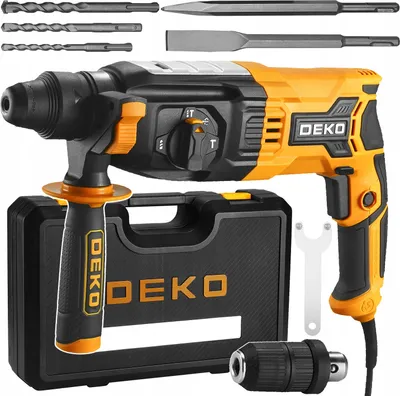 A rotary hammer drill and its accessories are displayed on a light gray background.