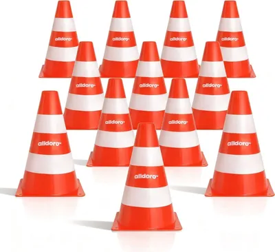 Produktbild von Pylonen 12er Set – Robuste Markierungskegel für Sport, Spiel und Verkehrserziehung, 18 cm hoch, Orange-Weiß, stapelbar