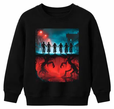 Produktbild von Upside Down Kinder Fahrräder Horror 80er Retro Kinder Sweatshirt Pullover, Schwarz, 104