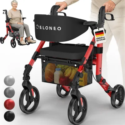 Produktbild von ELONEO 2in1 Rollstuhl Rollator faltbar und leicht mit Sitz, Outdoor Rollator Rollstuhl faltbar, Aluminium Gehhilfe für Senioren - Rot