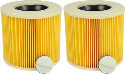 Two yellow pleated air filters with white tops and black openings are displayed side-by-side on a white background.