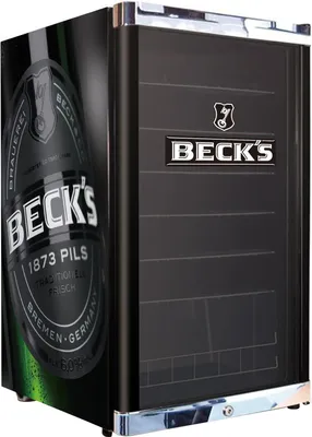 A black mini-fridge with a Beck's beer design on the side and front.