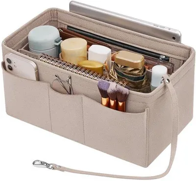 Zdjęcie produktu dla Beżowy organizer do torebki w rozmiarze XL z wieloma kieszeniami i przegrodą wewnętrzną