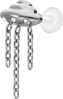 Produktbild von Ohrpiercing, Nasenpiercing PTFE Labret mit Innengewinde + Titan-Aufsatz UFO + KETTEN + KRISTALLE Silber Stablänge: 5mm | Stabstärke: 1,2mm