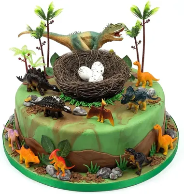 Productafbeelding van Dinosaurus taartdecoratieset - Dinosaurustaartdecoratie met ei - Palmen en bladeren