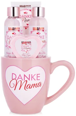 Produktbild von BRUBAKER Cosmetics "Danke Mama" 5-dielna sada do kúpeľa a sprchy ku Dňu matiek - vôňa ružovej vanilky - darčeková sada v hrnčeku so srdiečkovou deko